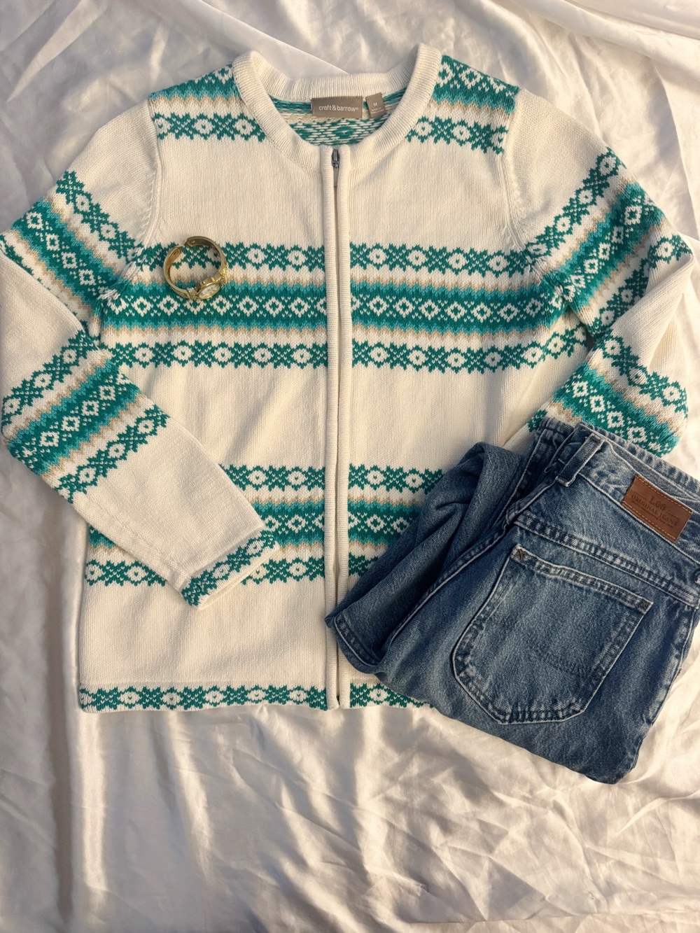 croft & barrow Cream Zip Cardigan with Teal Fair Isle Pattern